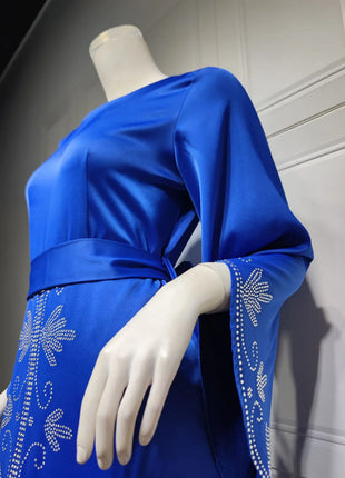 Elegant Satin Evening Gown Muslim Dress Women Abaya Long Sleeve Turkish Dresses Stylish Diamond Women Maxi Dress Dubai Kaftan