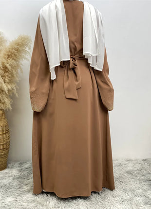 Hot Selling Ramadan Rhinestone Cardigan Islamic Dresses With Pockets Kebaya Muslim Kimono Abaya Dubai Modest Clothing Women EID