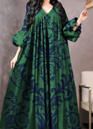 Vintage Printed Dress Women Breathable Loose Middle Eastern Robe Casual Long Sleeve Abaya V-neck Loose Muslim Abayas for Women