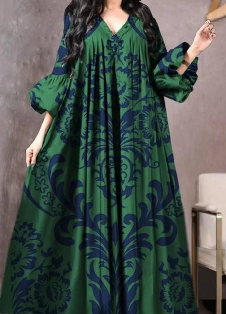 Vintage Printed Dress Women Breathable Loose Middle Eastern Robe Casual Long Sleeve Abaya V-neck Loose Muslim Abayas for Women