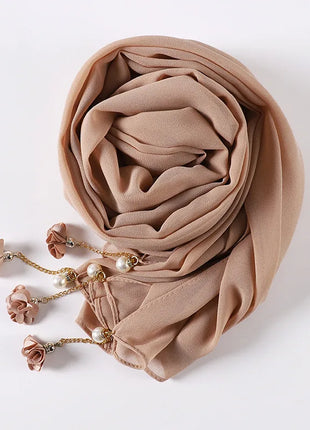 Fashion Flowers Pearl Tassel Chiffon Long Scarf Hijabs Elegant Womens Party Turban Headwear Solid Color Headscarf Shawls Scarves