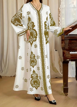 Long Dress Abayas Women Eid Muslim Dresses Bronzing Print V Neck Jalabiya Arab Morocco Dubai Kaftan 2025 Vestidos Ramadan Robe
