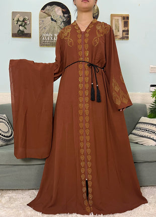 Muslim Open Abayas For Women 2024 Pure Chiffon Zipper Diamonds Loose Femme Robe Islam Dubai Boubou Moroccan Caftan With Turban