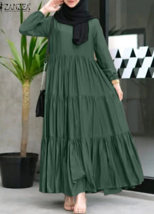 ZANZEA Muslim Fashion Tiered Long Dresses Women Islamic Hijab Style Casual Long Sleeve O Neck Maxi Vestidos Solid Abaya Robes