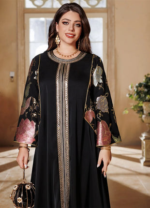 Siskakia Ramadan Muslim Women's Gold Stamping Petal Sleeve Abaya O-Neck Stripe Dubai Dresses For Women Gala