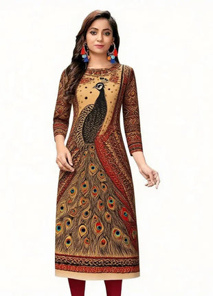 Muslim Dress Kurtta Women Fashionable Elegant National Style Straight Tube Casual Slit hem Colorful Elephant Peacock Pattern
