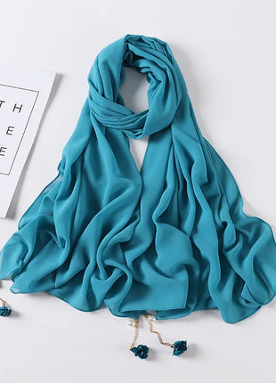 Fashion Flowers Pearl Tassel Chiffon Long Scarf Hijabs Elegant Womens Party Turban Headwear Solid Color Headscarf Shawls Scarves