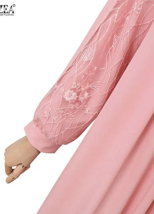 Autumn Muslim Fashion Long Dress ZANZEA Women Long Sleeve O Neck Vestidos Dubai Kaftan Maxi Sundress Robe  Elegant Lace Abaya