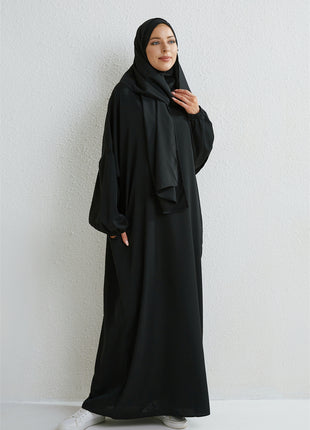 Muslim Abaya Prayer Dress One-piece Hooded Smocking Sleeve Islamic Clothing Women Jilbab Dubai Saudi Black Robe Turkish Modesty