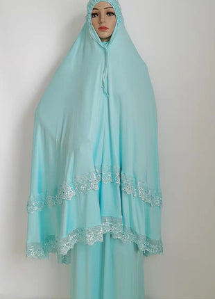 Ramadan  Long Khimar Muslim Abaya Women Prayer Garment Saudi Prayer Dress Lace Trim Silky 2 Piece Skirt Sets Eid Niqab jilbab