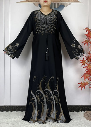 New Muslim Fashion Women Dress Chiffon Diamond Long Sleeves Casual Clothing African Abaya Women Robe Dubai Turkey Islamic Robe