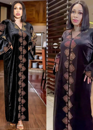Velvet African Dresses for Women Evening Party Dress Dashiki Africa Clothing Long Robe Dubai Moroccan Flare Sleeve Nigeria Gown