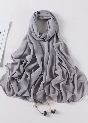 Fashion Flowers Pearl Tassel Chiffon Long Scarf Hijabs Elegant Womens Party Turban Headwear Solid Color Headscarf Shawls Scarves