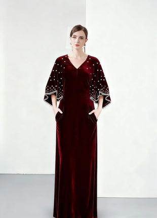 2026 French Style Women's Solid Color V-Neck Long Dress - Heavy Duty Beaded Velvet Elegant Fashionable Dress for Export