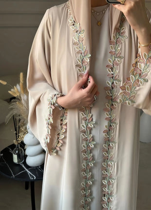 Dubai Elegant Beige Abaya for Muslim Women - Intricately Crafted with Multicolored Embroidery Piece in Islamic Modest Fashion