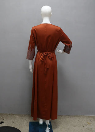 Muslim Satin Dress for Women Fashion Diamond Evening Dress Abaya Dubai Dinner Robe Muslim Dress Women Clothes for Muslim Women