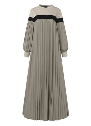 ZANZEA Autumn Women Muslim Dress Turkey Abaya Elegant Long Lantern Sleeve Patchwork Sundress Pleated Vestidos Islamic Dubai Robe