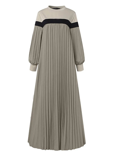 ZANZEA Autumn Women Muslim Dress Turkey Abaya Elegant Long Lantern Sleeve Patchwork Sundress Pleated Vestidos Islamic Dubai Robe