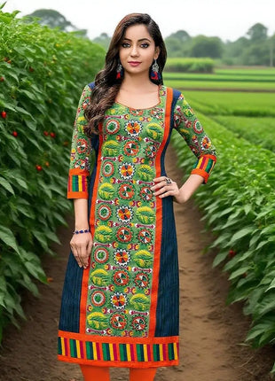 Muslim Women Kurt Casual Dress Slit hem Straight Casual Ethnic Peacock Mandarin Flowers Regular Size 3D Design Suitable