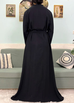Muslim Chiffon Abayas For Women 2024 Dubai Islam Loose Fit  Femme Robe Long Sleeved Diamond Studded Solid Color With Belt Turban