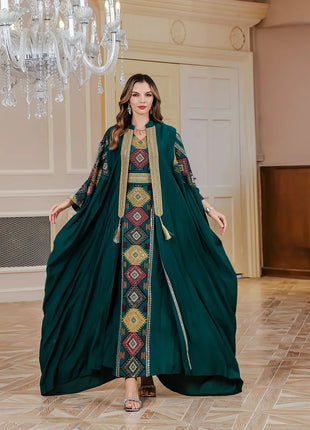 Eid Muslim 2 Piece Set Women Embroidery Dresses Open Abaya Suit Jalabiya Ramadan Dubai Kaftan Party Vestidos Cardigan Robe 2025