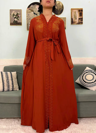 Muslim Chiffon Abayas For Women 2024 Dubai Islam Loose Fit  Femme Robe Long Sleeved Diamond Studded Solid Color With Belt Turban