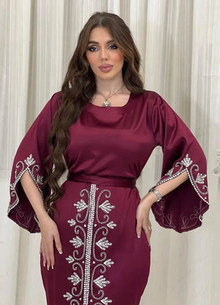 Elegant Satin Evening Gown Muslim Dress Women Abaya Long Sleeve Turkish Dresses Stylish Diamond Women Maxi Dress Dubai Kaftan