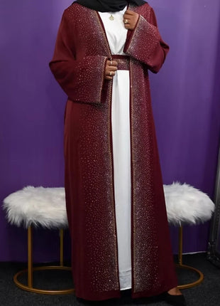 Hot Selling Ramadan Rhinestone Cardigan Islamic Dresses With Pockets Kebaya Muslim Kimono Abaya Dubai Modest Clothing Women EID