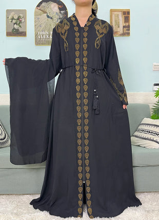 Muslim Open Abayas For Women 2024 Pure Chiffon Zipper Diamonds Loose Femme Robe Islam Dubai Boubou Moroccan Caftan With Turban