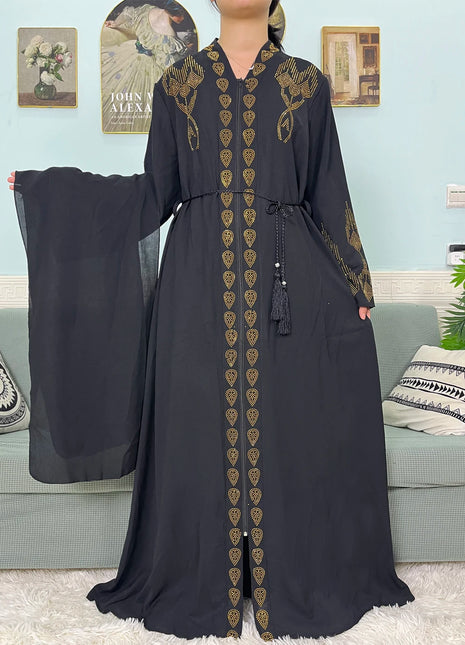 Muslim Open Abayas For Women 2024 Pure Chiffon Zipper Diamonds Loose Femme Robe Islam Dubai Boubou Moroccan Caftan With Turban
