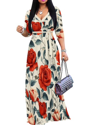 Floral V-Neck Wrap Dress - Tie Waist Flowy Midi Dress, Boho Summer Dress for Women