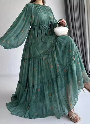 Eid Muslim Abaya Dress for Women Print Chiffon Sashes Jalabiya Kaftan Islam Vestidos Largo Arab Long Robe Ramadan Morocco Abayas