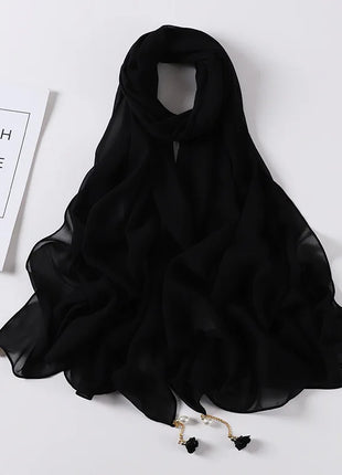 Fashion Flowers Pearl Tassel Chiffon Long Scarf Hijabs Elegant Womens Party Turban Headwear Solid Color Headscarf Shawls Scarves
