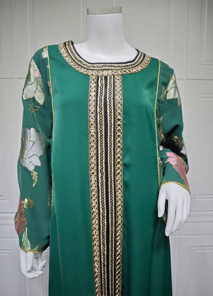 Ramadan Muslim Women's Gold Stamping Petal Sleeve Abaya O-Neck Stripe Dubai Dresses For Women Gala