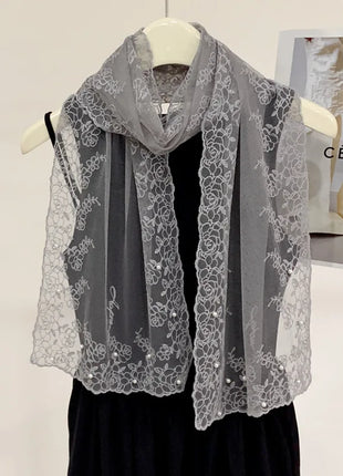 New Lace Beaded Silk Scarf Women's Spring and Autumn Thin Shawl Outer Decorative Scarf Yarn Versatile Tide