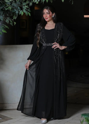 Women Long Loose Maxi Dress Muslim Dubai Women's Clothing Hot Diamond Belt Robe Dinner Dress