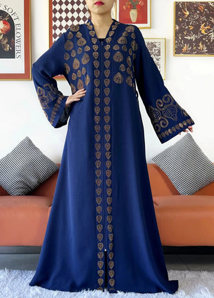 2024 Women Party Dress Chiffon Open Abaya Golden Stones Muslim Women Dress Islamic Clothing Cardigan Abaya Women Muslim Dress
