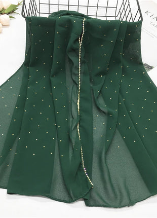 High Quality Rhinestone Chain Pearl Chiffon Long Scarf Hijabs Elegant Dubai Muslim Womens Party Wrapped Turban Shawls Headwear