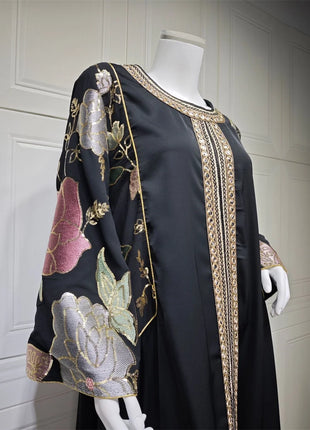 Siskakia Ramadan Muslim Women's Gold Stamping Petal Sleeve Abaya O-Neck Stripe Dubai Dresses For Women Gala