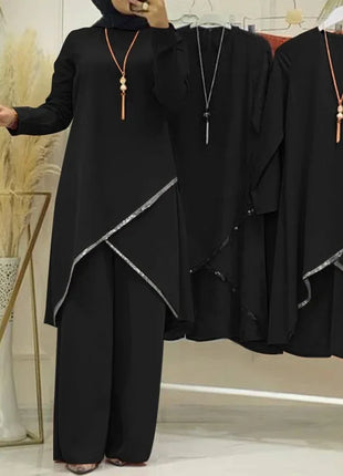 Women Eid Musulman Ensemble Muslim Sets Solid Blouses Wide Leg Pants Ramadan Morocco Two Pieces Dubai Kaftan Loose Modest