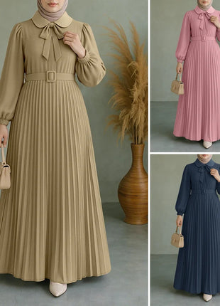 Elegant Muslim Dress Abaya ZANZEA Women 2025 Autumn Dresses Long Lantern Sleeve Pleated Sundress Belted Robe Femme Party Vestido