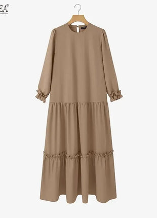 ZANZEA Women 2026 Spring O Neck Long Sleeve Dresses Elegant Muslim Abaya Dress Ramadan Robe Stylish Flounce Maxi Dresses Kaftan