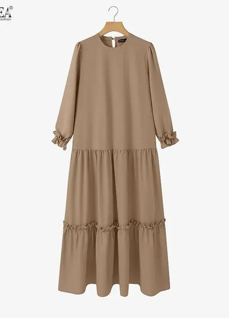 ZANZEA Women 2026 Spring O Neck Long Sleeve Dresses Elegant Muslim Abaya Dress Ramadan Robe Stylish Flounce Maxi Dresses Kaftan
