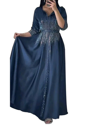 Muslim Satin Dress for Women Fashion Diamond Evening Dress Abaya Dubai Dinner Robe Muslim Dress Women Clothes for Muslim Women