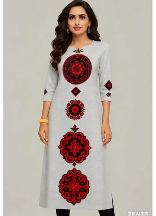 National style Kurt Women's Fashion Comfortable Long Sleeve Straight Casual Ethnic Peacock Pattern Robe Musulman Femme