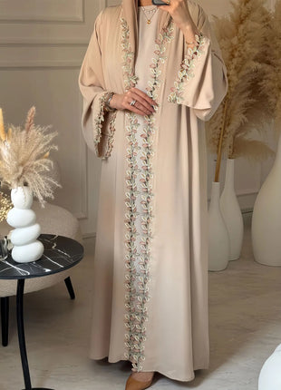 Dubai Elegant Beige Abaya for Muslim Women - Intricately Crafted with Multicolored Embroidery Piece in Islamic Modest Fashion