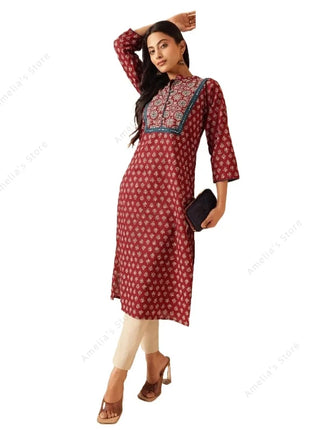 Spring Summer Women's Ethnic Maroon Floral Print Kurta Indian Tunic Top Long Kurti Dress Boho Chic Thin Daily Wear