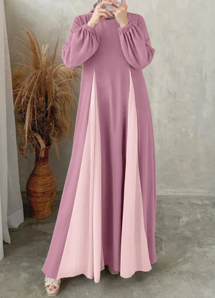 ZANZEA Women Color Block Patchwork Maxi Dress Fake Two-Piece Islamic O Neck Muslim Long Dresses Long Sleeve 2024 Fall Abaya Robe