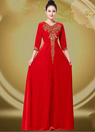 Ladies Golden Velvet Choral Performance Costumes Women Performance Costume Long Dresses Autumn Female Large Size 6XL Maxi Dress