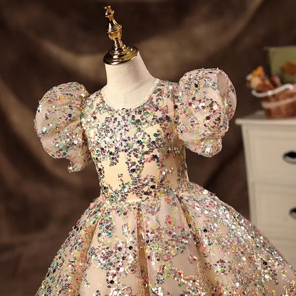 Champagne Girls Princess Dress Puffy Tutu Flower Girl Wedding Piano Recital Formal Gown for Kids